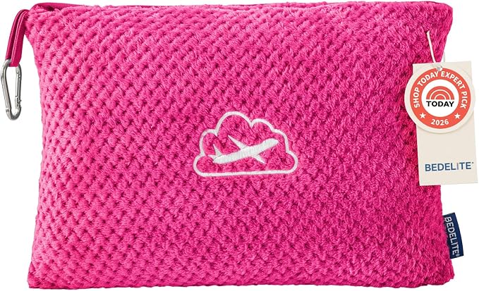 BEDELITE Travel Blanket with Bag, Jacquard Fleece Blanket 65"x40", Hot Pink | Ultra-soft Airplane Blanket, Luggage Sleeve & Backpack Clip, Travel Essentials for Women, Foldable as Pillow for Long Flight by BEDELITE