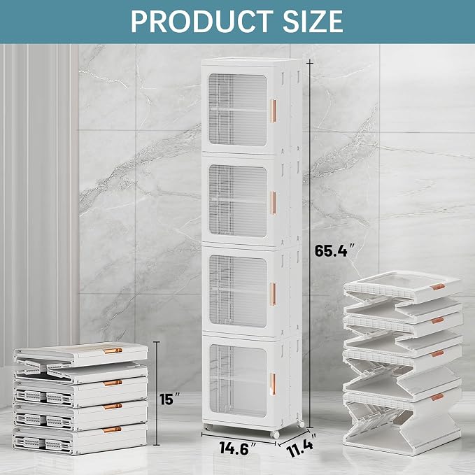 Tall Narrow Storage Cabinet, Plastic Organizer with Wheels, 4-Tier/White | Foldable Slim Cabinet for Bathroom, Kitchen, Laundry and Small Spaces, Adjustable Shelves & Magnetic Doors, Movable Wheels - Image 2