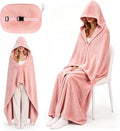 Hooded Wearable Fleece Travel Blanket Airplane with Snap Closure, Foldable Travel Pillow, Compact Carry Carabiner Strap, Soft 60''x50'' Fleece Blanket for Plane Office Gift(Pink) by Unknown