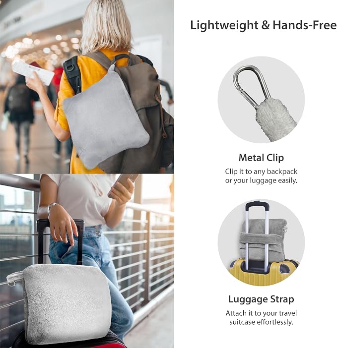DEZ FURNISHINGS 4-in-1 Self-Storing Travel Blanket & Pillow, Soft Fleece Airplane Blanket with Luggage Sleeve & Backpack Clip, 60" x 45", Gray - Image 2