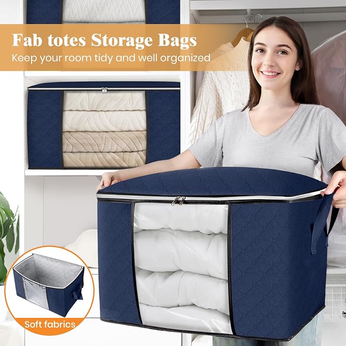 90L Clothes Storage, Foldable Thick Fabric Blanket Storage Bags | Foldable Containers with Zippers,Window and Handles for Organizing Bedroom, Closet, Comforter, Bedding,Dorm essentials - Image 5