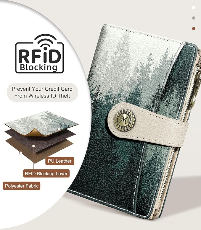 Forest Tree Wallet Women RFID, Passport Holder, Credit Card Holder | 6.7" x 4.4" x 1.3" Bifold, Travel billfold, Zipper Pocket, PU Leather, Clutch, Purse, ID Window, Pen Holder, Gift Ladies Girl - Image 4