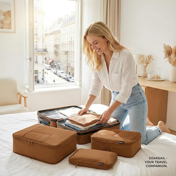 4 Piece Compression Packing Cubes for 3–7 Day Travel, Light Brown | Wrinkle-Resistant Memory Fabric, Breathable Mesh Panel, Double-Zipper, Small to Large Size Bag, Smart Organization - Image 7