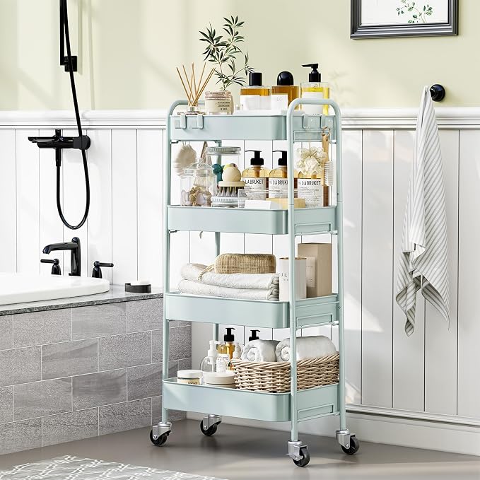 TOOLF 4 Tier Metal Rolling Cart, Utility Storage Cart with Wheels, Green | Screwless Assembly, Lockable Metal Wheels, Trolley Organizer for Bathroom, Kitchen, Office, Dorm, Laundry, Craft Room - Image 7