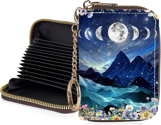 Credit Card Holder for Women,Small Rfid Wallet with Keychain Zipper,Cute PU Leather Card Case Wallet，Accordion Credit Card Wallets Gift,Moon Mountains by Unknown