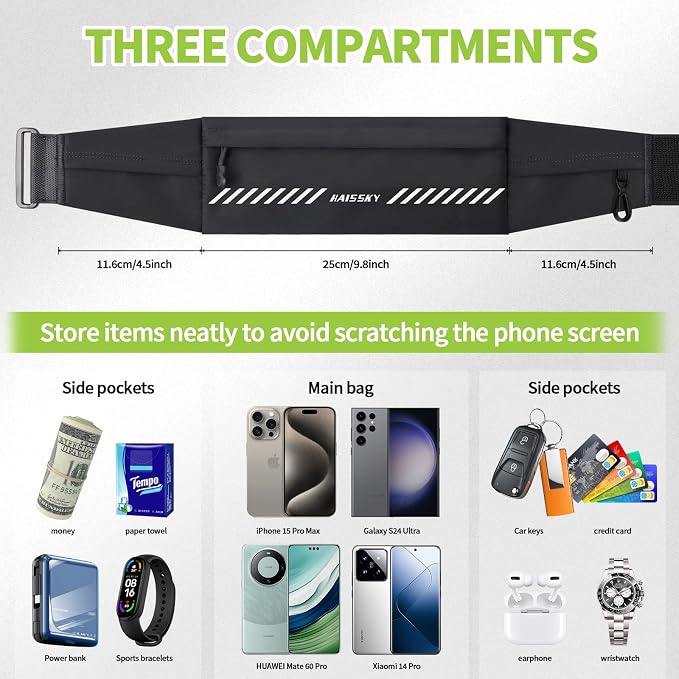Slim Running Belt Fanny Pack for Men Women, Running Phone Holder, Waist Pack Runners Bag Money Belt with 3 Separate Pouch to Store Your Phone Key Money Safe, Waist Bag-Black - Image 4