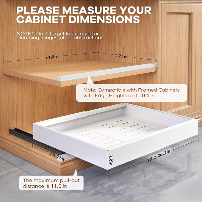 Seinloes 2 Pack Expandable Pull Out Cabinet Organizer 21"Deep With Raising Pad for Framed Cabinets,Upgrade 3 Slide Rails Slide Out Drawers,Roll Out Shelves Adhesive,Adjustable Width 15.15"-26.3" White - Image 4
