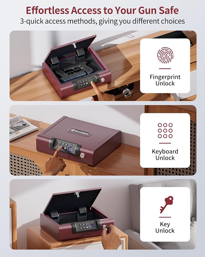 BILLCONCH Gun Safe,Biometric Fingerprint Gun Safe for Handgun Pistol Safes | Fingerprint PIN Key Unlock, Interior Light and USB Charging Lock box with Silent Mode for Bedroom Nightstand - Image 2
