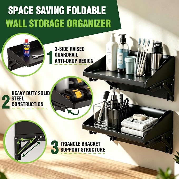 ULIBERMAGNET Magnetic Folding Shelf, 40LBS Heavy Duty Magnetic Mounted Rack for Garage, Workshop, RV,Power Tools,Toolbox,1Set Storage Shelves with Lip for Workshop Kitchen Office - Image 5