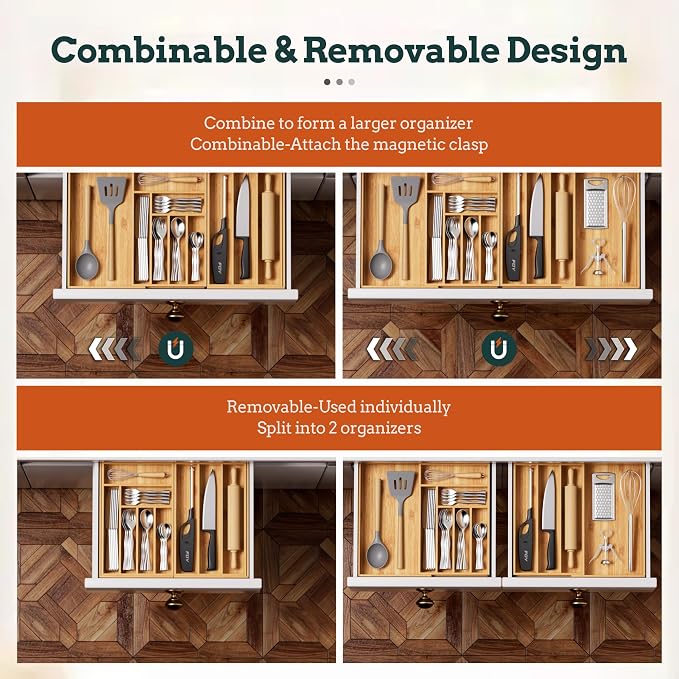 Bamboo Expandable Silverware Drawer Organizer, 11 Slots Utensil Holder | Magnetic Splice Design, Expandable 21-37.4 Inch, 11 Slots, Natural Bamboo, Large Capacity Kitchen Utensil Storage - Image 5