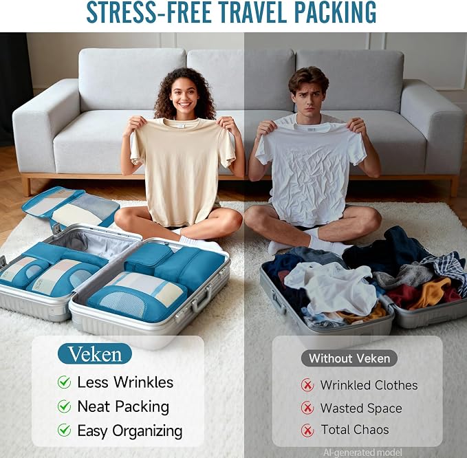 Veken 8 Set Packing Cubes for Travel Essentials, Suitcase Organizer Bags in 4 Sizes, Carry-On Luggage Accessories with Laundry Bag, Airplane Must Have with 99-Count Mesh Holes - Image 7
