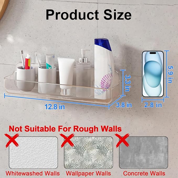 Acrylic Wall Mounted Shower Caddy, Large, Adhesive Bathroom Shelves | 4D" x 12.8"W x 3.3"H, No Drilling Acrylic Shelf, Adhesive Shelf, Bathroom Shelves with Adhesives for Bathroom, Kitchen - Image 2