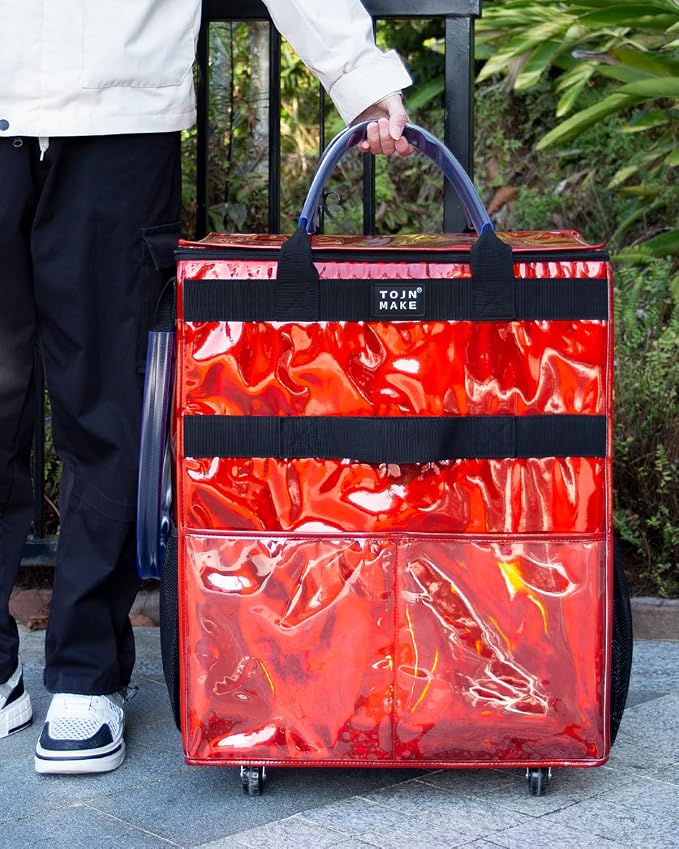 Reusable Grocery Bag with Wheels, Large Glitter Red Rolling Tote | 8 Pockets, Zipper Cover, Foldable for Women, Kitchen, Travel, Carries Up to 76LBS - Image 7