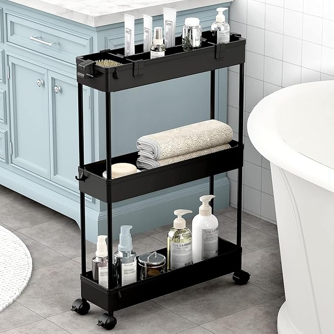 2-piece Set Slim Storage Cart 3 Tier,Bathroom Organizer Rolling Utility,Mobile Shelving Unit Slide Out for Office, Kitchen, Laundry Room & Narrow Places - Image 5