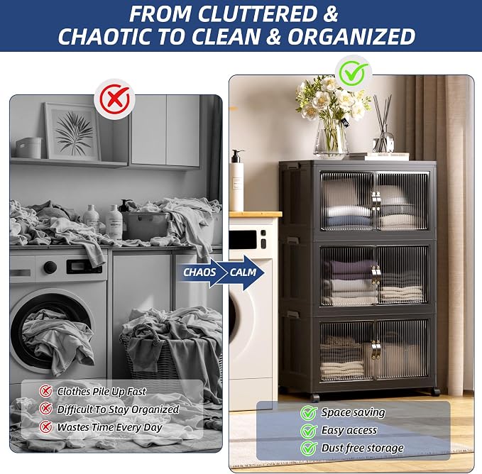SAILUN 195Qt Stackable Storage Bins,Storage Cabinet with a Lid,3 Pack Black | Stackable Storage Drawers with Lids,22" W x 13" D x 38" H,Featuring open-front Access for Clothes and Closet Storage - Image 3