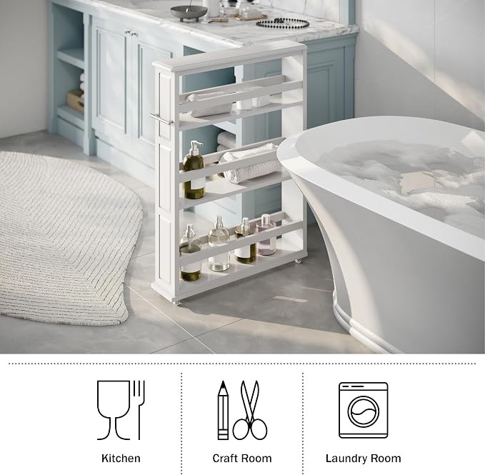 Lavish Home 3 Tier Slim Utility Rolling Storage Cart, White, 25”W x 5.7”D | Narrow Rolling Cart Storage Organizer with Handle and Wheels for Bathroom, Laundry Room, and Kitchen, Pull-Out Home Organizer - Image 3