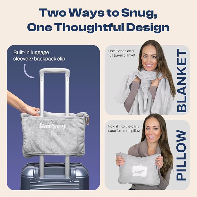 EverSnug Travel Blanket and Pillow - Ultra-Soft, Compact & Lightweight, 65x40 Inches, with Carry Case, Luggage Sleeve & Backpack Clip for Airplane Comfort (Light Grey) - Image 2