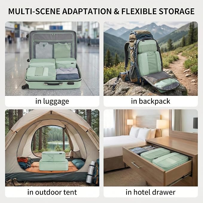 4 Piece Compression Packing Cubes for 3–7 Day Travel, Light Green | Wrinkle-Resistant Memory Fabric, Breathable Mesh Panel, Double-Zipper, Small to Large Size Bag, Smart Organization - Image 6