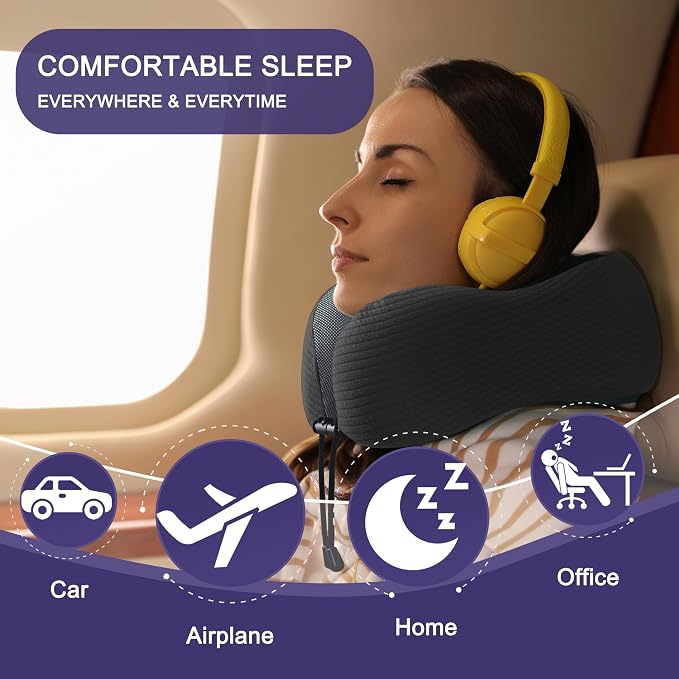 napfun Neck Pillow for Travel, Memory Foam Airplane Pillow, Charcoal Black | 360° Neck Support, Upgraded 100% Memory Foam for Airplane, Car, Train, Bus, Office Sleep, Travel Essentials for Long Flights - Image 6