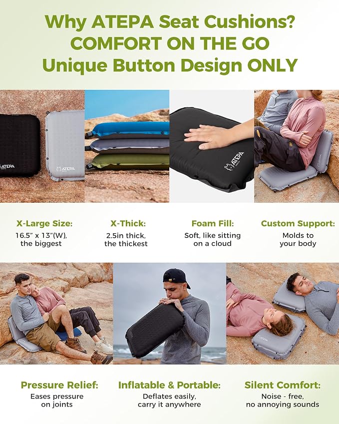 ATEPA Inflatable Seat Cushion | 2" & 2.5" Foam Core Seat Pad, Self Inflating, Compact, Stadium, Airplane, Travel, Camping, Hiking, Sports events - Image 4