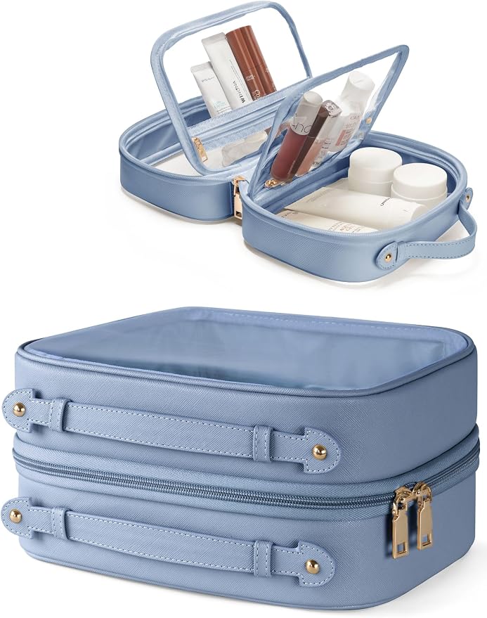 Clear Cosmetic Bag Double Layer Travel Toiletry Bag Clear Makeup Bag Case with 4 Compartments, Transparent Travel Bag for Toiletries, Large Toiletry Bag for Women Cosmetic Case (Dusty Blue, Large) by Oaque