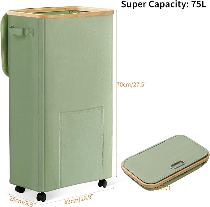 Vincona Laundry Basket with Wheels, Dirty Clothes Hamper on Wheels, Rolling Tall Laundry Hamper with lid for Laundry Room, Dorm and Bathroom, 75L Sage Green - Image 2