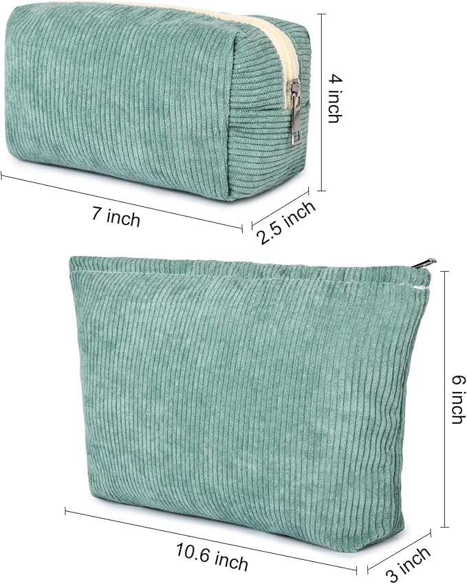 SOIDRAM 2 Pieces Makeup Bag Large Corduroy Cosmetic Bag Capacity Canvas Mix Travel Toiletry Bag Organizer Cute Makeup Brushes Aesthetic Accessories Storage Bag for Women, Corduroy Mix Green - Image 3