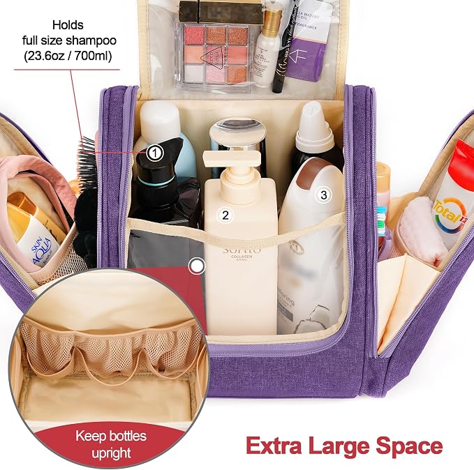 Hanging Travel Toiletry Bag for Women and Men, 6 Organizer Compartments, Large Toiletries essentials, Bathroom Cosmetic Accessories, Water-resistant Makeup Bag, Holds Full-Size Shampoo, Purple - Image 3