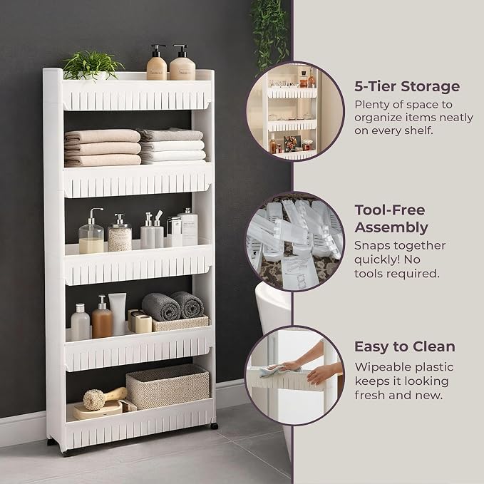 Lavish Home Slim Rolling Storage Cart, White, 21.5” x 5” x 52” - Image 5