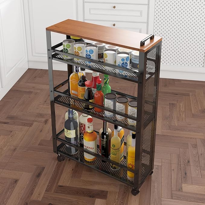 3-Tier Rolling Cart Slim - Black Laundry Bathroom Kitchen | Steel Frame, Mesh Baskets, for Small Spaces, 110 lb Capacity, 4 Wheels 2 Lockable, Utility Storage Snack Coffee Craft - Image 5