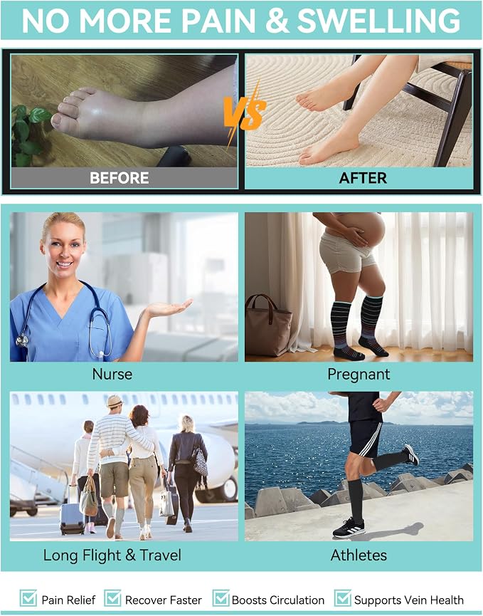 Merino Wool Easy On Compression Socks for Women & Men, 15-20 mmHg, Plus Size Knee High Stocking for Nurses, Pregnancy, Travel, Flight, Medias de Compresión Mujer - Image 4