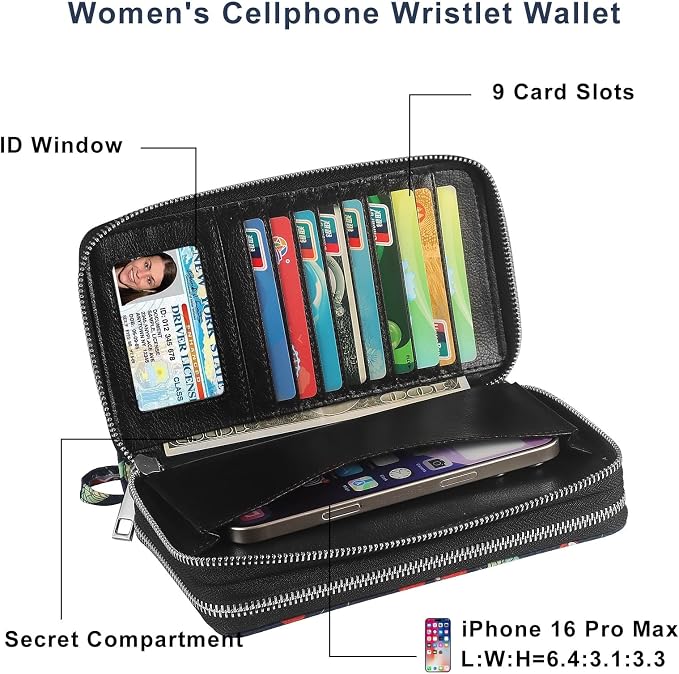 RFID Blocking Cellphone Wallet for Women with Wrist Strap, Double Zipper Travel Clutch Purse Large Capacity, Cherry - Image 3