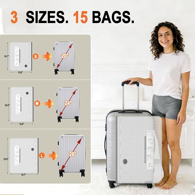 Vacuum Seal Bags for Clothing Travel, with Electric Pump 15-Pack | Save 80% luggage space. Tear-resistant PA+PE. Smart travel essentials replacing compression packing cubes. - Image 5