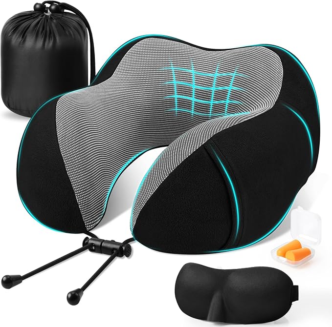 CloudBliss Neck Pillow for Airplanes, Memory Foam Travel Pillow, Black | Compact Flight Pillow with Eye Mask, Earplugs, Carry Bag, Travel Neck Pillow for Long Flight Sleep, Plane Travel Essentials by CloudBliss