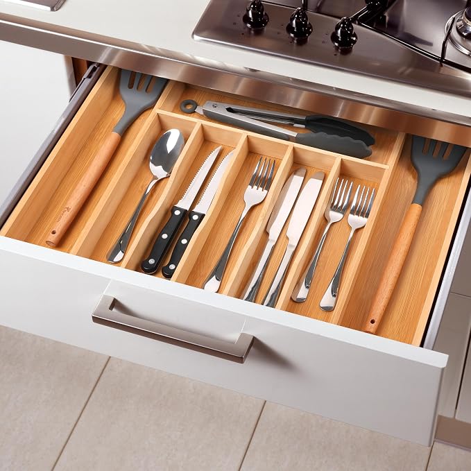 Large Premium Bamboo Silverware Organizer - Expandable Drawer Organizer & Utensil Organizer - 17"x19.7" Cutlery Tray with Dividers for Kitchen Utensils and Flatware (7-9 Slots) (Natural) - Image 8