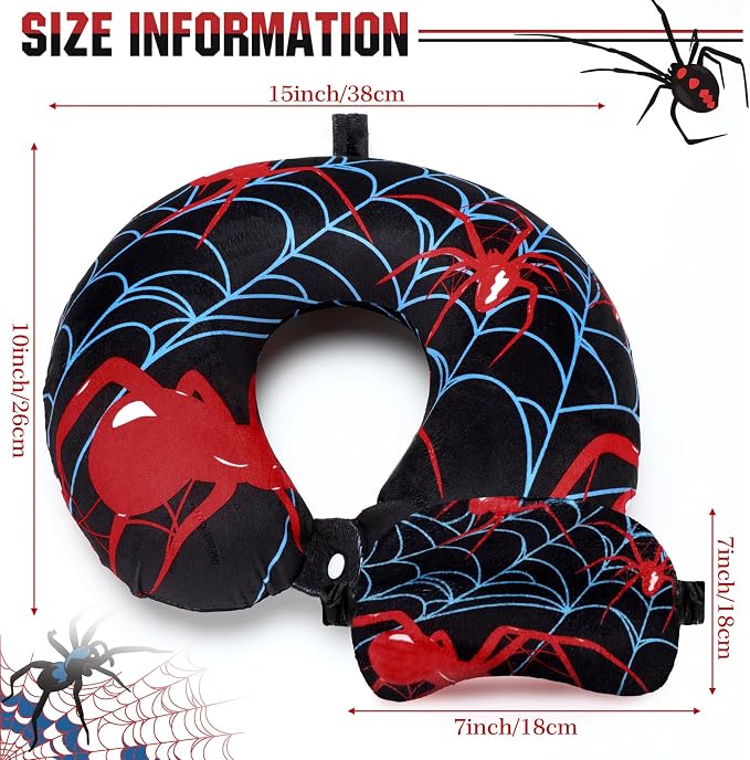 Gilprop 2 Pcs Spiderweb Travel Pillow with Sleep Eye Mask, U Shaped Memory Foam Headrest & Neck Pillow with Washable Cover, Soft Neck Head Support Travel Accessories for Airplane Car Train Bus Trips - Image 3