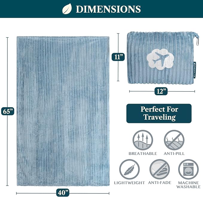 PAVILIA Travel Blanket Pillow, Soft Ribbed Fleece Airplane Blanket, Blue | 65x40, Compact Packable Plane Throw with Bag, Luggage Strap and Back Pocket, Cozy Flight Essentials Travelers Camping Gift - Image 7