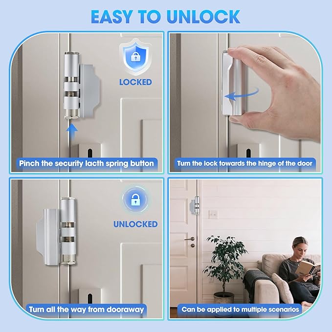 Home Door Reinforcement Lock - High Security Door Lock for Child Safe & Home Defense, Aluminum Guard for Inward Swinging Doors (Silver) - Image 4