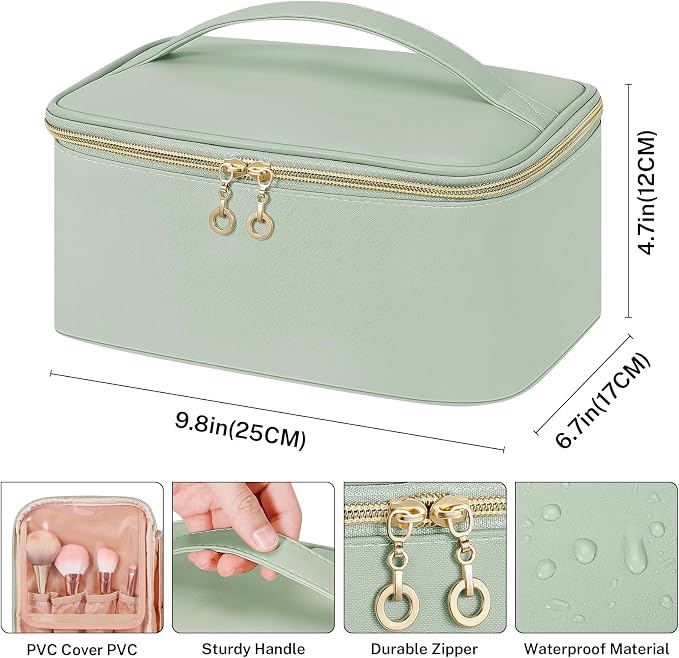 senbowe Travel Makeup Bag, Large Capacity Cosmetic Bags for Women,Portable Waterproof Leather Toiletry Bag Make Up Organizer Bag with Divider and Handle - Image 2