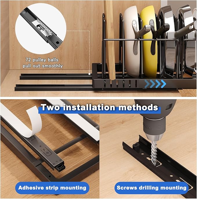 Mustorn 2 Pack Pots and Pans Organizer Under Cabinet, 21.6" Deep Pull Out Pot Lid Organizer Holder with Guardrail Adhesive Pot and Pan Holder Rack with 10 Adjustable Dividers(Black) - Image 3