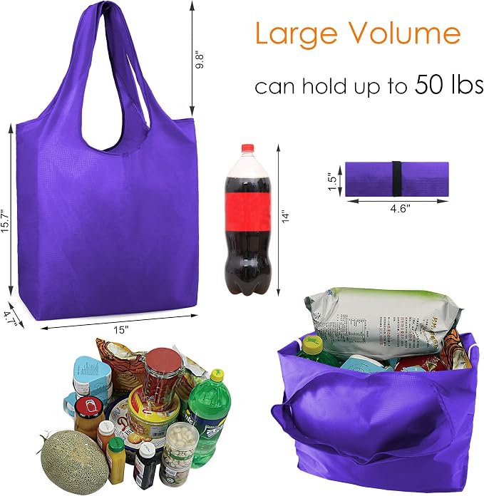 BeeGreen Purple Reusable Grocery Bags Wholesale Purple Reusable Kitchen Bags Bulk Foldable-Machine Washable with Zipper Storage Pouch 20 Packs - Image 3