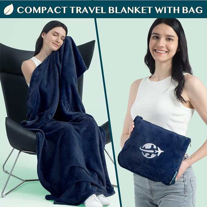 PAVILIA Travel Blanket and Pillow, Arms Opening Airplane Blankets for Adults, Compact Plane Blanket with Arm Hole 2-in-1 Bag for Flight Car Camping Fit in Luggage Backpack Traveler Gift, Navy Blue - Image 3