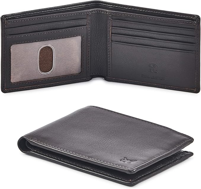 Real Leather Mens Bifold Wallet RFID Blocking Slim Minimalist Front Pocket - Thin & Stylish with ID Window in Gift Box (Nappa, Dark Chocolate) by WiseOwlAccessories