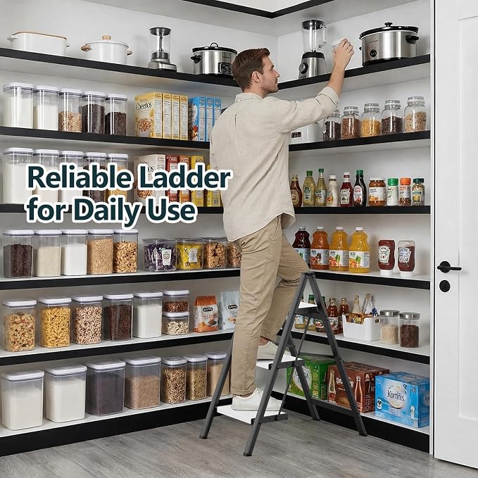 3 Step Ladder, Foldable Step Stool, 300lbs Load, Black & White | Folded 35''H x 3''T; Net 9.9 lbs; Rigid Aluminum Steps; No Assembly; For Home, Kitchen, Office, Pantry, Closets, Cabinets - Image 7