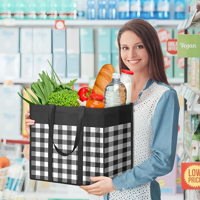 WOWBOX Reusable Grocery Bags,10-Pack, Foldable Reusable Shopping Tote Bags bulk with Reinforced Handles,Large Storage Bags with Water Resistant Coating for Groceries,Multipurpose,Black-White - Image 3