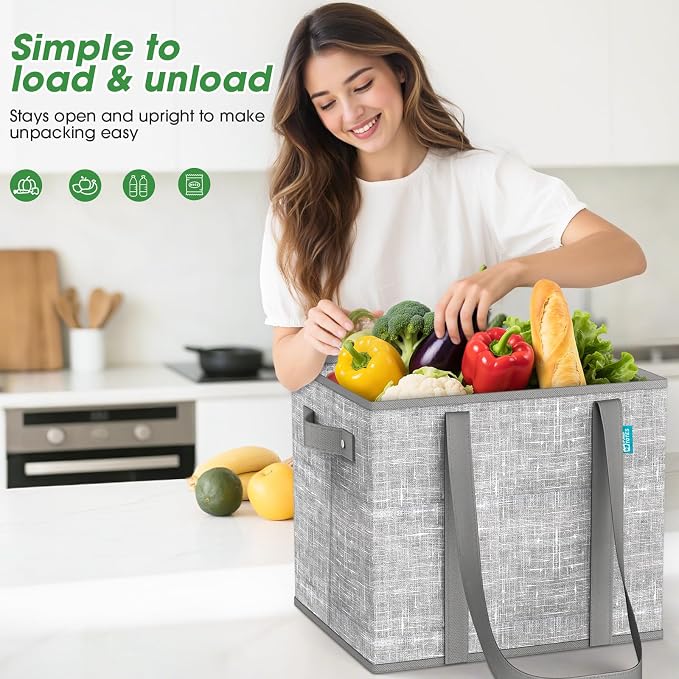 Fab totes Reusable Grocery Bags, Large Foldable Shopping Tote Bags with Reinforced Handles & Hard Bottom,4 Pack, Grey - Image 7