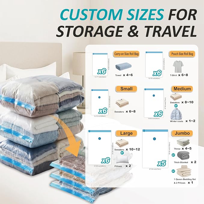 Cozy Essential Vacuum Storage Bags, 80% Compression Vacuum Seal Space Saver Plastic Packaging Bags for Clothes, Blankets, Pillow, Bedding, Comforters, Sealer Clothing Storage,35 Combo - Image 3