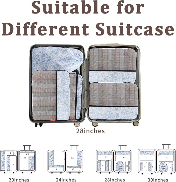 U+U 6 Set Compression Packing Cubes, Travel Organizers (Blue Flower) | Space-Saving & Drawstring Bag Included - Image 7