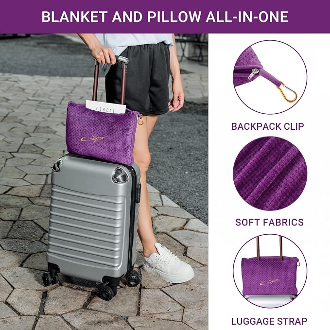 Travel Blanket Pillow-Premium Soft 2 in 1 Airplane Blanket for Long Trips Essentials with Bag Pillowcase, Hand Luggage Sleeve and Backpack Clip (Violet) - Image 2