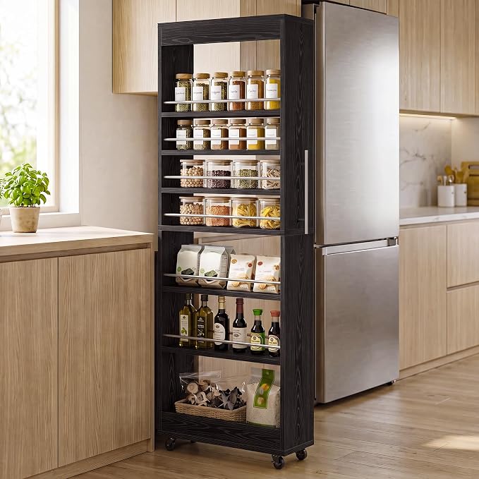 Tribesigns 73" Tall Slim Storage Cart on Wheels, 7-Tier Narrow Pantry Cabinet, Rolling Skinny Spice Rack Organizer Next to Fridge, Wooden Pull-Out Storage Shelf for Kitchen Small Spaces, Black - Image 3